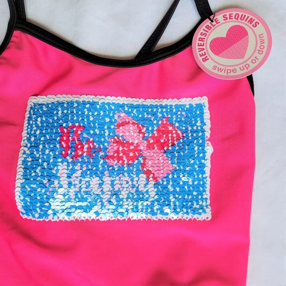 NWT Jojo Siwa S One Piece Flip Sequins Bathing Swim Suit Pink UPF 50+ Crisscross